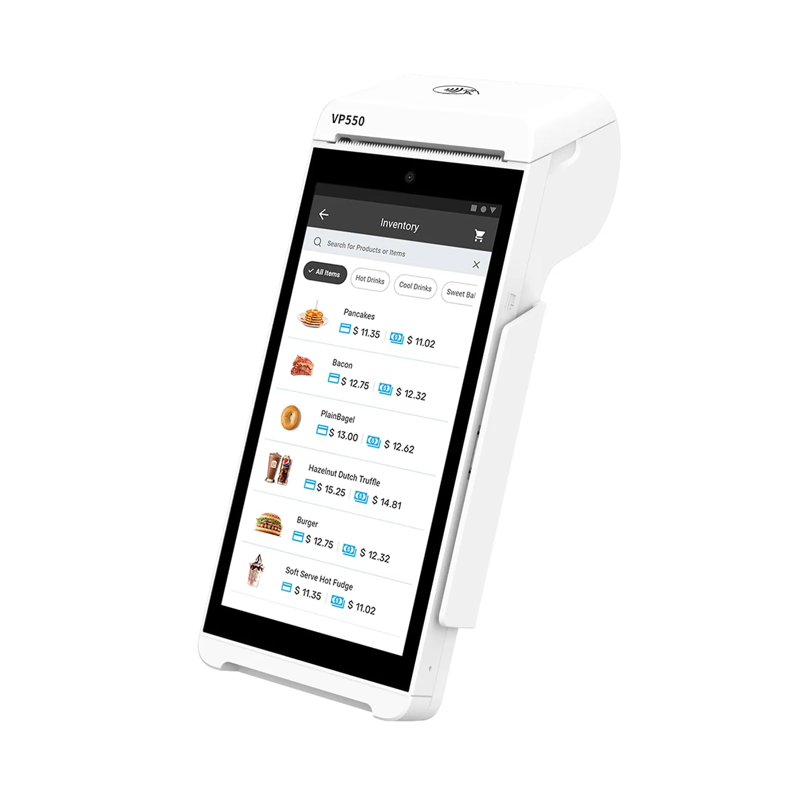 Smart payment terminal showing inventory screen